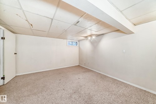Spacious room featuring neutral carpeting, light-colored walls, and a drop ceiling with integrated lighting - 8217 182 Street Nw, Edmonton, AB - Indoor Photo Showing Other Room