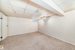 Spacious room featuring neutral carpeting, light-colored walls, and a drop ceiling with integrated lighting - 