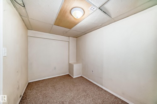 The room features carpeted flooring and a drop ceiling with a central light fixture - 8217 182 Street Nw, Edmonton, AB - Indoor Photo Showing Other Room