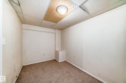 The room features carpeted flooring and a drop ceiling with a central light fixture - 