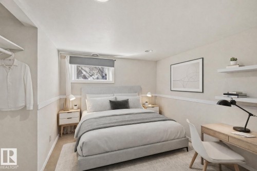 This room features a window providing natural light, recessed lighting, and a neutral color palette - 10823 130 Street, Edmonton, AB - Indoor Photo Showing Bedroom