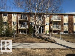 Multi-story building featuring brick and stucco exterior, multiple private balconies with white railings, and an entry courtyard with an established tree - 