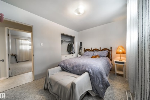 Carpeted bedroom with a built-in closet system, natural light, and a ceiling-mounted light fixture - 10231 46 Street, Edmonton, AB - Indoor Photo Showing Bedroom