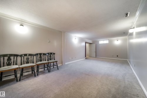 Spacious room with light gray carpeting, crown molding, wall-mounted sconces, and a large egress window - 10231 46 Street, Edmonton, AB - Indoor Photo Showing Other Room
