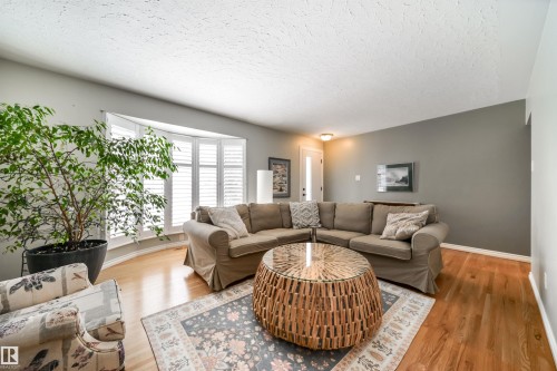Bay window with white plantation shutters - 10231 46 Street, Edmonton, AB - Indoor Photo Showing Living Room