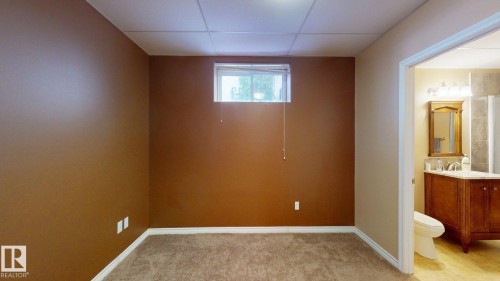 This space features carpeted flooring, a window, and access to a bathroom with a wooden vanity and a sink - 613 Todd Link, Edmonton, AB - Indoor Photo Showing Other Room