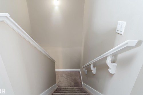 Carpeted staircase with light beige walls and white trim - 3314 9 Street Nw, Edmonton, AB - Indoor Photo Showing Other Room