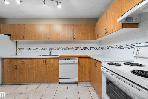 Kitchen featuring extensive wood-finish cabinetry, white countertops, tile backsplash with decorative accents, tile flooring, and track lighting - 206 9929 113 Street, Edmonton, AB - Indoor Photo Showing Kitchen With Double Sink