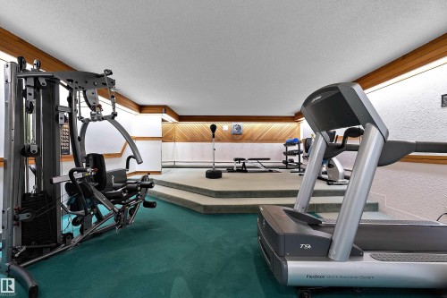 Dedicated fitness area featuring a multi-level design and wood-paneled accents - 206 9929 113 Street, Edmonton, AB - Indoor Photo Showing Gym Room