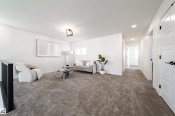 Living room with carpet flooring and a textured ceiling - 