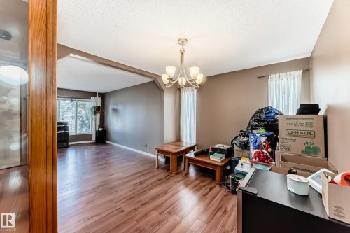 Spacious room featuring wood-finish flooring, a contemporary chandelier, and large windows with natural light - 9845 184 Street, Edmonton, AB - Indoor