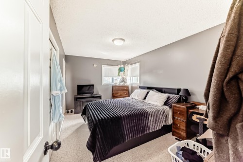 Carpeted room featuring a ceiling-mounted light fixture, a window with roller blinds, and neutral wall paint - 9845 184 Street, Edmonton, AB - Indoor Photo Showing Bedroom