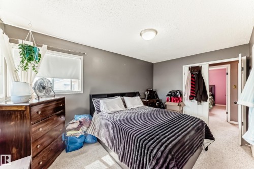Carpeted room featuring a white ceiling, grey walls, and a window with white blinds - 9845 184 Street, Edmonton, AB - Indoor Photo Showing Bedroom