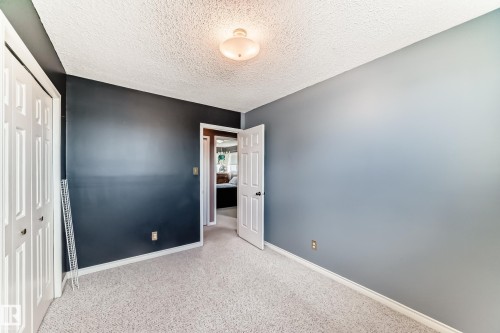 Room featuring light gray carpet, textured ceiling, and a flush mount ceiling light fixture - 9845 184 Street, Edmonton, AB - Indoor