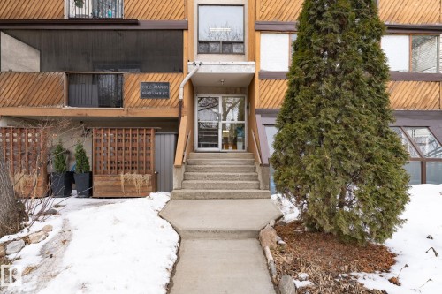 The property features a concrete walkway leading to the main entrance, which is accessed via concrete steps - 2 9140 149 Street, Edmonton, AB - Outdoor
