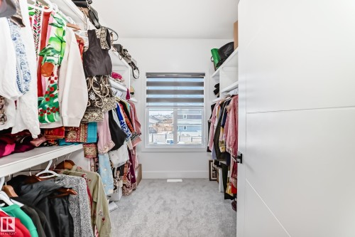 Dedicated closet space featuring white built-in shelving, hanging rods, light gray carpeting, and a window with horizontal blinds - 17459 80 Street, Edmonton, AB - Indoor With Storage