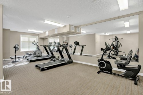Dedicated fitness room featuring wall-to-wall mirrors, patterned carpeting, multiple windows with blinds, and recessed lighting - 326 6076 Schonsee Way, Edmonton, AB - Indoor Photo Showing Gym Room