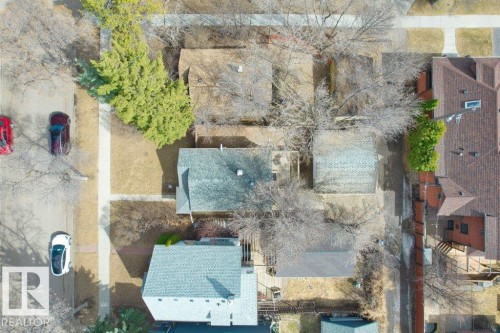 Aerial perspective showcasing multiple properties with varied rooflines and surrounding mature deciduous trees - 12207 110 Avenue, Edmonton, AB - Outdoor