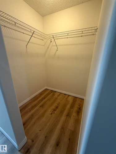 Walk-in closet with L-shaped wire shelving and wood-finish flooring - 104 8119 112 Avenue Nw, Edmonton, AB - Indoor With Storage
