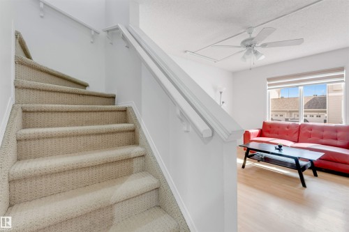 Carpeted staircase with white handrails leading to an area featuring wood-finish flooring, a ceiling fan with integrated lighting, and a large window - 48 2503 24 Street, Edmonton, AB - Indoor Photo Showing Other Room