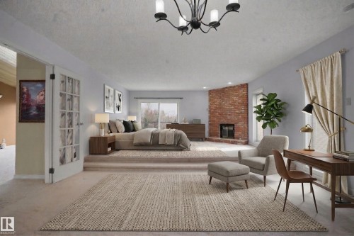 This expansive room features a brick fireplace, sliding glass doors, and a decorative chandelier - 10815 Bearspaw Dr E Nw, Edmonton, AB - Indoor Photo Showing Living Room With Fireplace