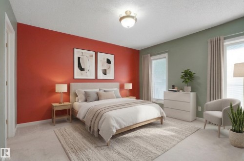 This room features soft carpet flooring, a ceiling light fixture, and windows with drapes - 10815 Bearspaw Dr E Nw, Edmonton, AB - Indoor Photo Showing Bedroom
