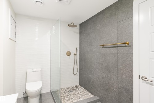 Walk-in shower with clear glass enclosure and pebble-tiled floor - 15C Callingwood Crest, Edmonton, AB - Indoor Photo Showing Bathroom