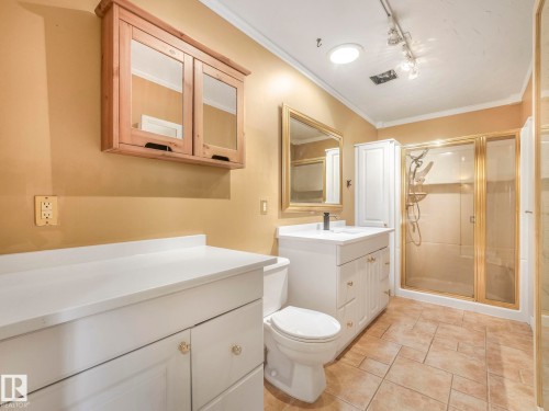 Bathroom featuring a shower enclosure with gold-tone framing, a white vanity with integrated sink, and white cabinetry - 11643 76 Avenue, Edmonton, AB - Indoor Photo Showing Bathroom
