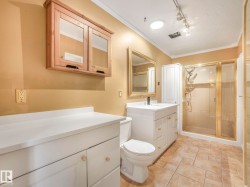 Bathroom featuring a shower enclosure with gold-tone framing, a white vanity with integrated sink, and white cabinetry - 