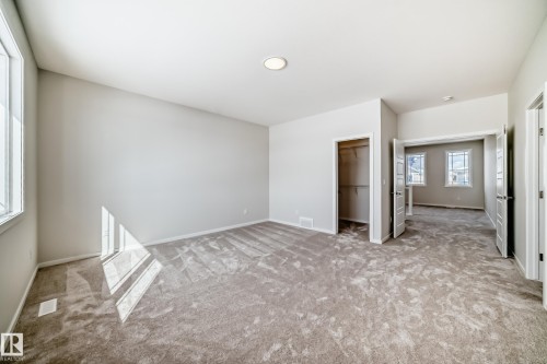 Spacious room featuring light gray walls, plush carpet flooring, a recessed ceiling light, and an open closet - 1516 206 Street Nw, Edmonton, AB - Indoor Photo Showing Other Room