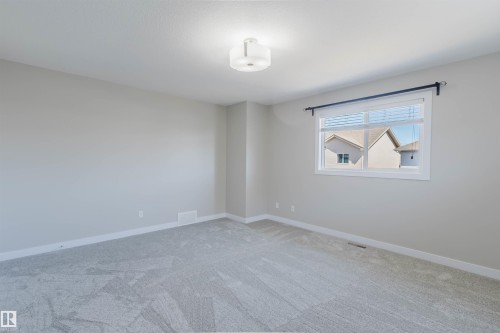 Carpeted room featuring a white-trimmed window with blinds, a black curtain rod, a flush-mount ceiling light, and light-toned walls - 611 176 Street, Edmonton, AB - Indoor Photo Showing Other Room