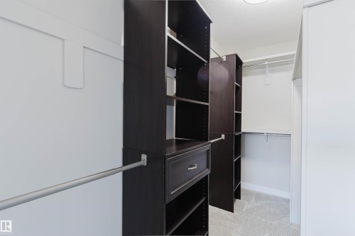 Walk-in closet featuring custom dark wood-finish cabinetry, built-in shelving, a storage drawer with brushed nickel hardware, multiple clothes hanging rods, and light gray carpet flooring - 611 176 Street, Edmonton, AB - Indoor