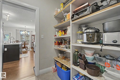 Built-in pantry shelving featuring five levels of storage, a light gray wall finish, and a tile floor - 805 Hodgins Road, Edmonton, AB - Indoor