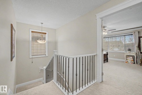Carpeted staircase with white newel posts and black iron balusters - 805 Hodgins Road, Edmonton, AB - Indoor Photo Showing Other Room