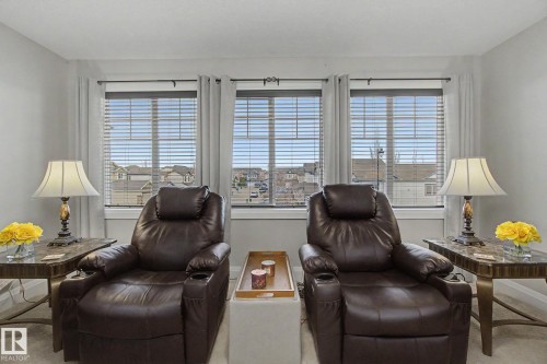 Bright room featuring three large windows with horizontal blinds and light-colored drapes - 805 Hodgins Road, Edmonton, AB - Indoor Photo Showing Other Room
