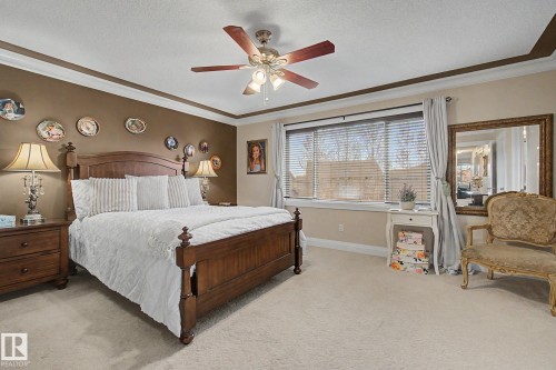 Carpeted room featuring a large window with horizontal blinds, ceiling fan with light fixture, and crown molding - 805 Hodgins Road, Edmonton, AB - Indoor Photo Showing Bedroom