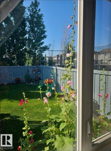Lush backyard featuring a manicured lawn, painted wooden fence, and mature trees - 805 Hodgins Road, Edmonton, AB - Outdoor