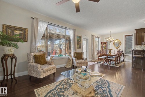Open-concept living space featuring wood-finish flooring, a contemporary ceiling fan, and large windows with blinds - 805 Hodgins Road, Edmonton, AB - Indoor Photo Showing Living Room