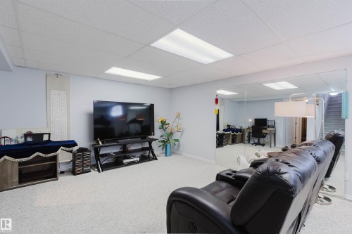 Carpeted recreational room featuring white walls, overhead fluorescent lighting, and a mirrored accent wall - 19 1659 Jamha Road, Edmonton, AB - Indoor
