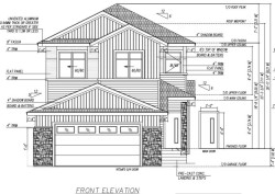 Architectural Drawing, Front Elevation. Detailing exterior dimensions and material specifications for the property - 