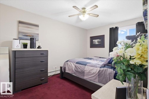 Bedroom featuring a ceiling fan with integrated lighting, a window with dark privacy drapes, and red carpeting - 6 3803 76 Street, Edmonton, AB - Indoor Photo Showing Bedroom