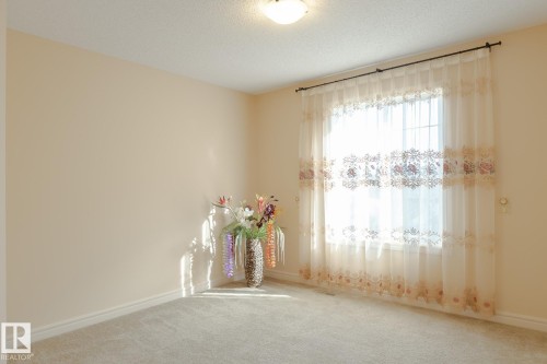 Bright room featuring neutral wall paint, light-colored carpet flooring, a window with sheer curtains, and a ceiling-mounted light fixture - 7426 Getty Way, Edmonton, AB - Indoor Photo Showing Other Room