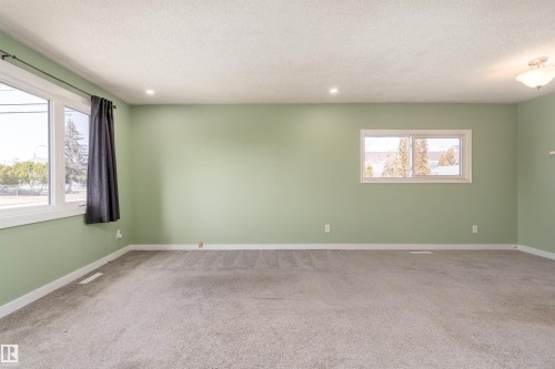 Spacious room featuring light green walls, gray carpeting, and multiple windows - 13331 64 Street Nw, Edmonton, AB - Indoor Photo Showing Other Room