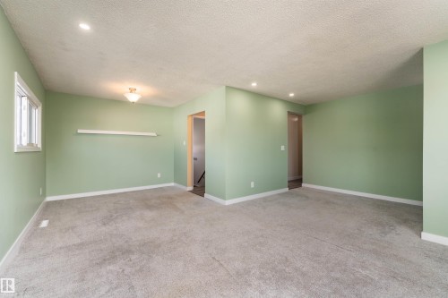 Spacious interior with light green walls, gray carpeting, and white baseboards - 13331 64 Street Nw, Edmonton, AB - Indoor Photo Showing Other Room