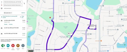 Directional Map. Displaying routes and travel durations between two specified locations - 17224 83 Street, Edmonton, AB - Other