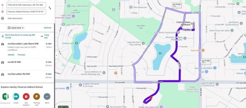 Route Map. Displaying a calculated route between two points on the property - 17224 83 Street, Edmonton, AB - Other