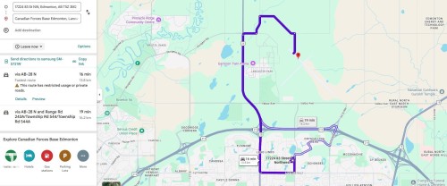 Route Mapping Interface. Displaying a mapped route with two destination options and route details - 17224 83 Street, Edmonton, AB - Other