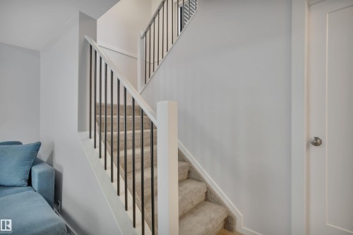 The property features a staircase with carpeted steps and a modern railing with black balusters - 585 Knottwood Road W, Edmonton, AB - Indoor Photo Showing Other Room