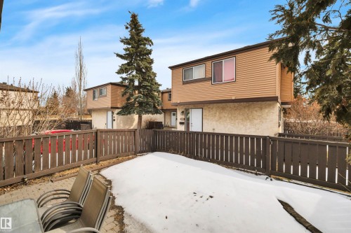 The property features a fenced yard with a paved patio area and a visible exterior of the building with horizontal siding - 585 Knottwood Road W, Edmonton, AB - Outdoor