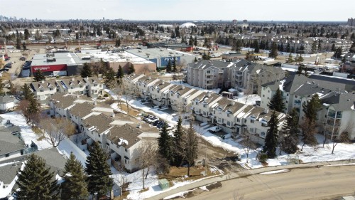 Aerial view showcasing the residential area with townhouses and apartment buildings, surrounded by mature trees - 3 9703 174 Street, Edmonton, AB - Outdoor With View
